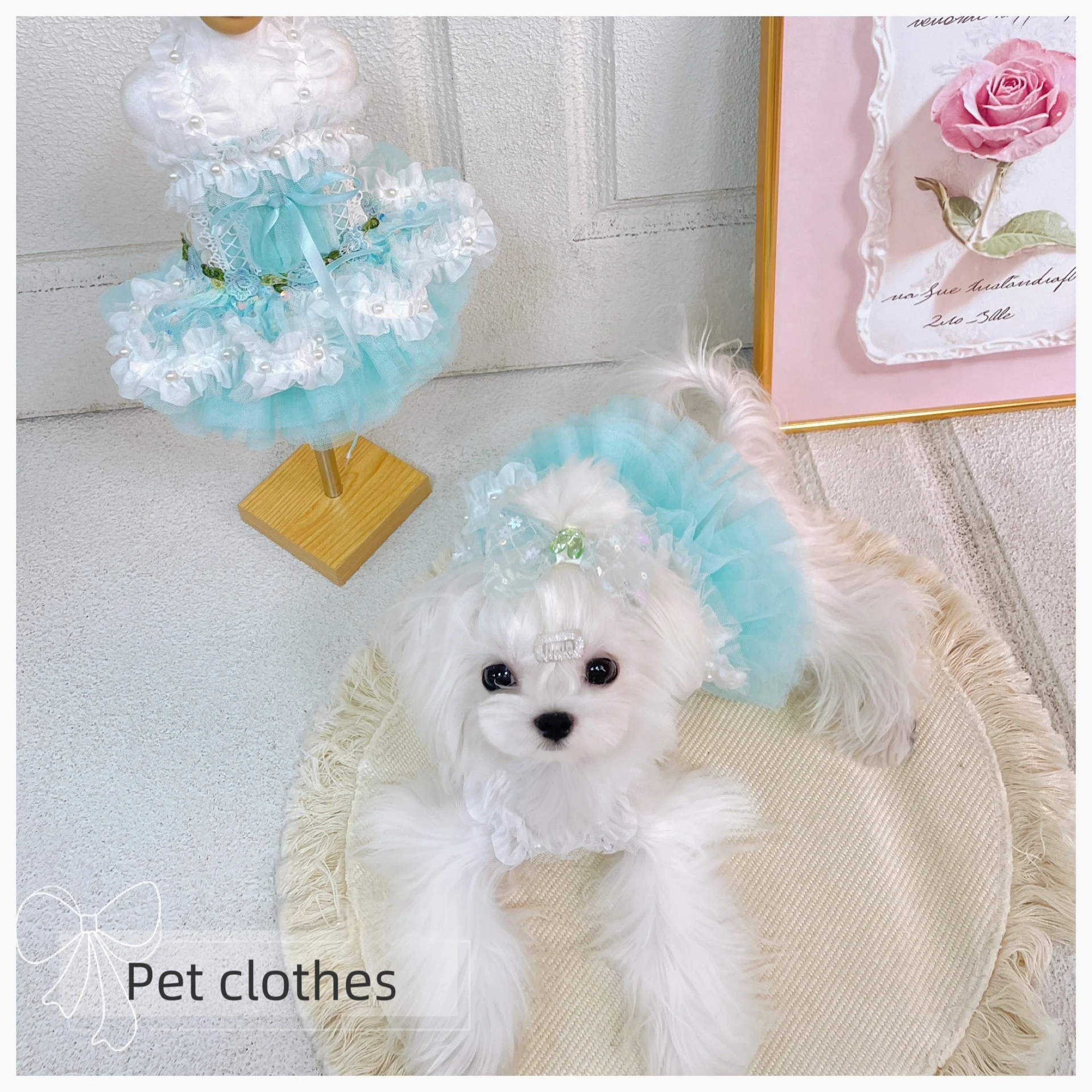 

Fashion Simple Sky Blue Pet Dog Clothes Fine Handmade Pearl Bow Party Princess Dress For Small Medium Dogs Poodle Puppy Skirts