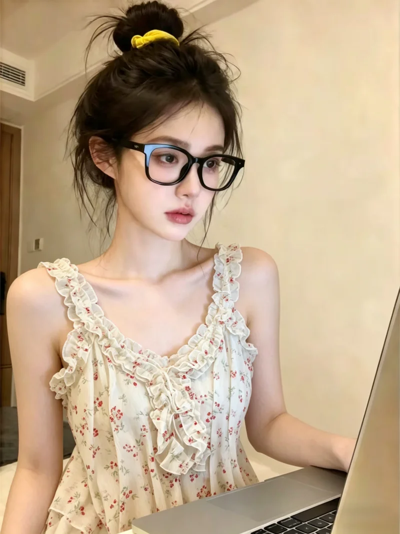 

Summer New Style Floral Embellished Wooden Ear Women's Tank Top Gentle Sweet Anti-Aging Self-Preservation Item Korean Version...