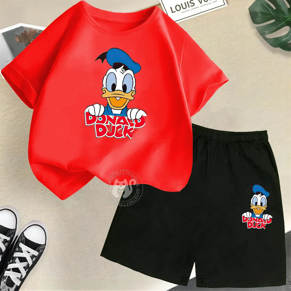 Disney Kids Summer 100% Cotton Summer Dress Donald Duck Alphabet Print Teen Boys Girls Short sleeve + Shorts Cotton casual suit