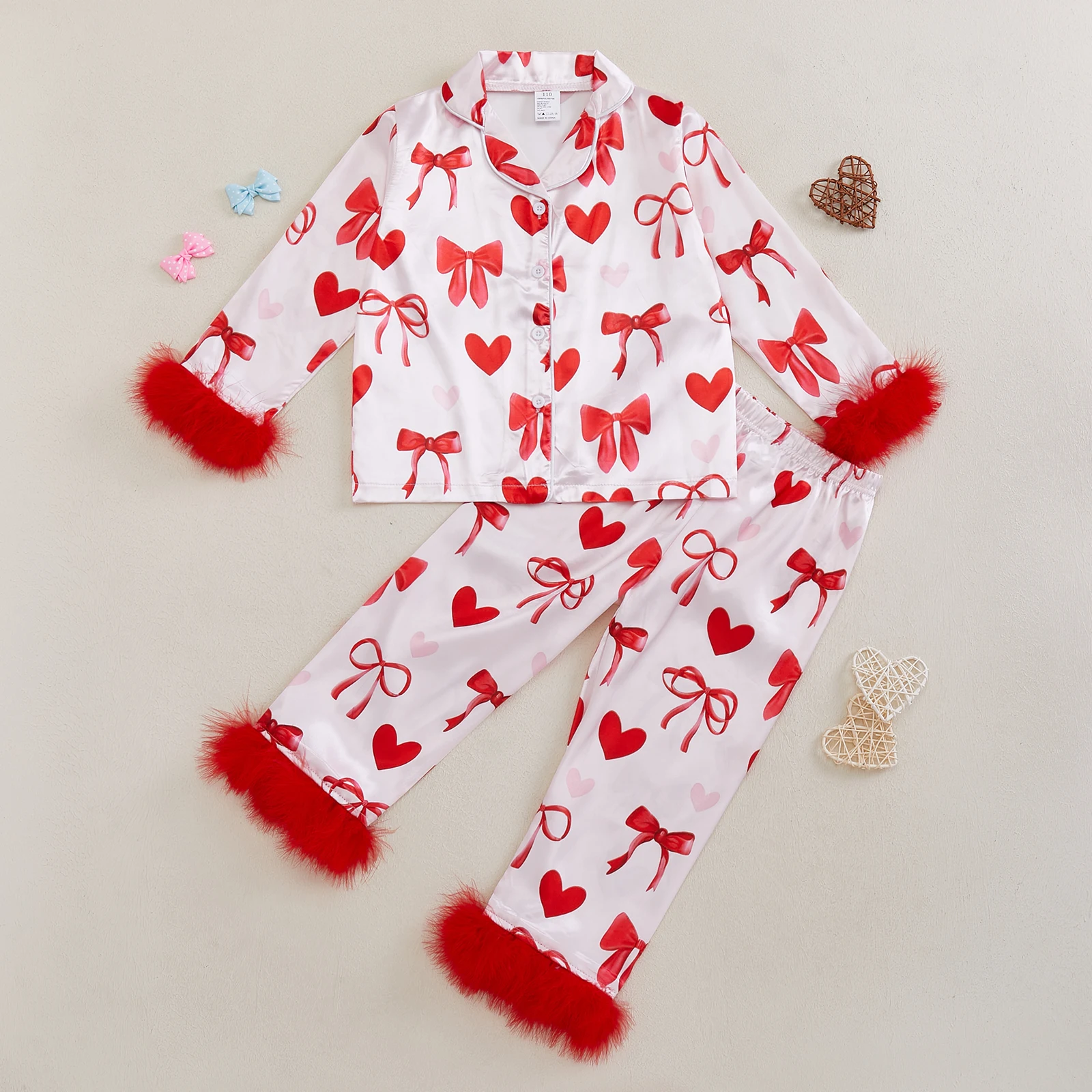 Toddler Valentines Day Pjs Kids Baby Girls Feather Silk Satin Pajamas Set Heart Bow Valentine Jammies Nightgown Red Heart