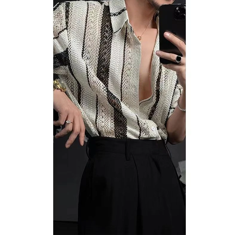2026 Spring and Autumn New Product  Hollow Out Contrast Striped Shirt  Casual Breathable Shirt for Men