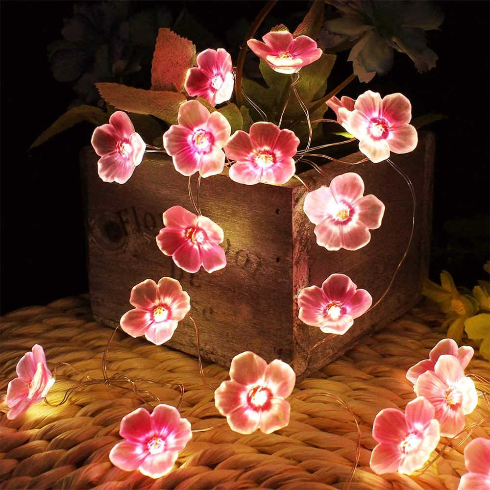 LED Cherry Blossom String Lights Pink Flower Fairy Garland Battery Powered Decorative Lamp for Christmas Wedding Party Decor