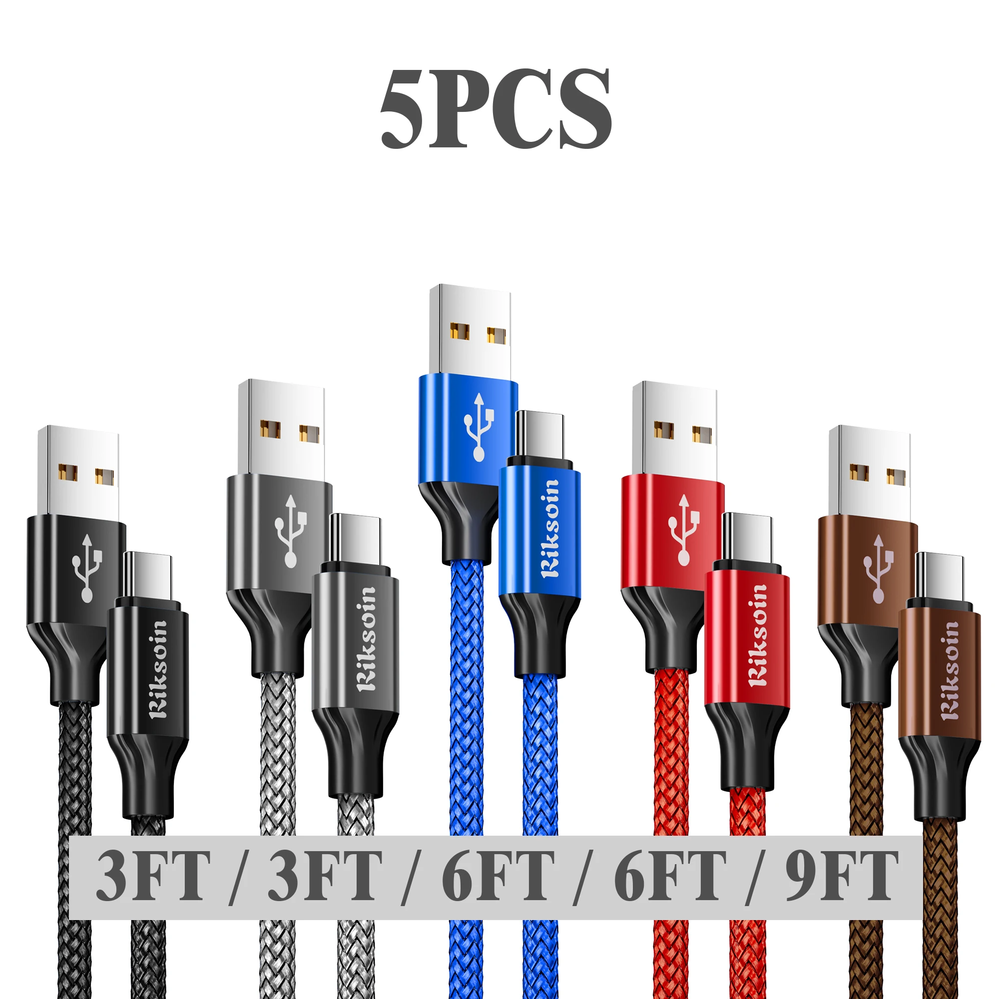 Cable USB C Riksoin, Paquete de 5, USB 2.0 a USB-C, Alta Velocidad de Datos y Carga, USB-A a USB-C para iPhone 17/16, Laptop, 2 Opciones