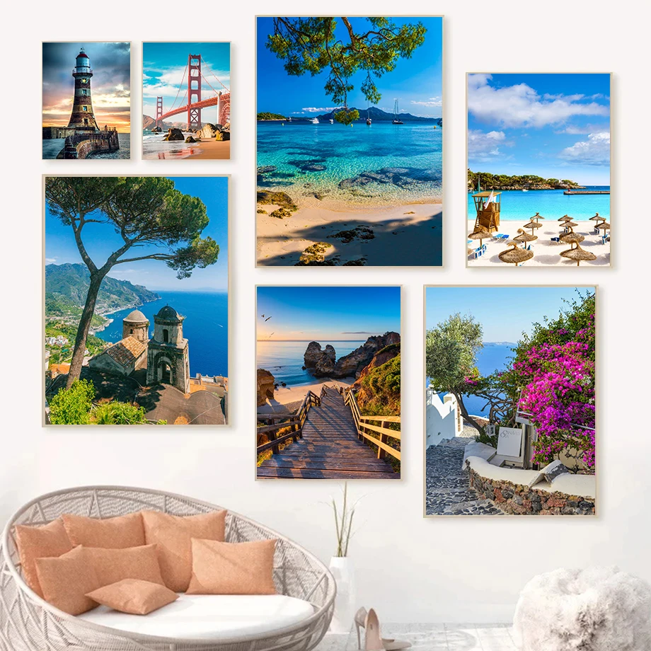 1pc frameless  Retro Tourist City Ltalian Greek Beach Resort Photography Posters Prints Canvas Painting Wall Art Picture Living