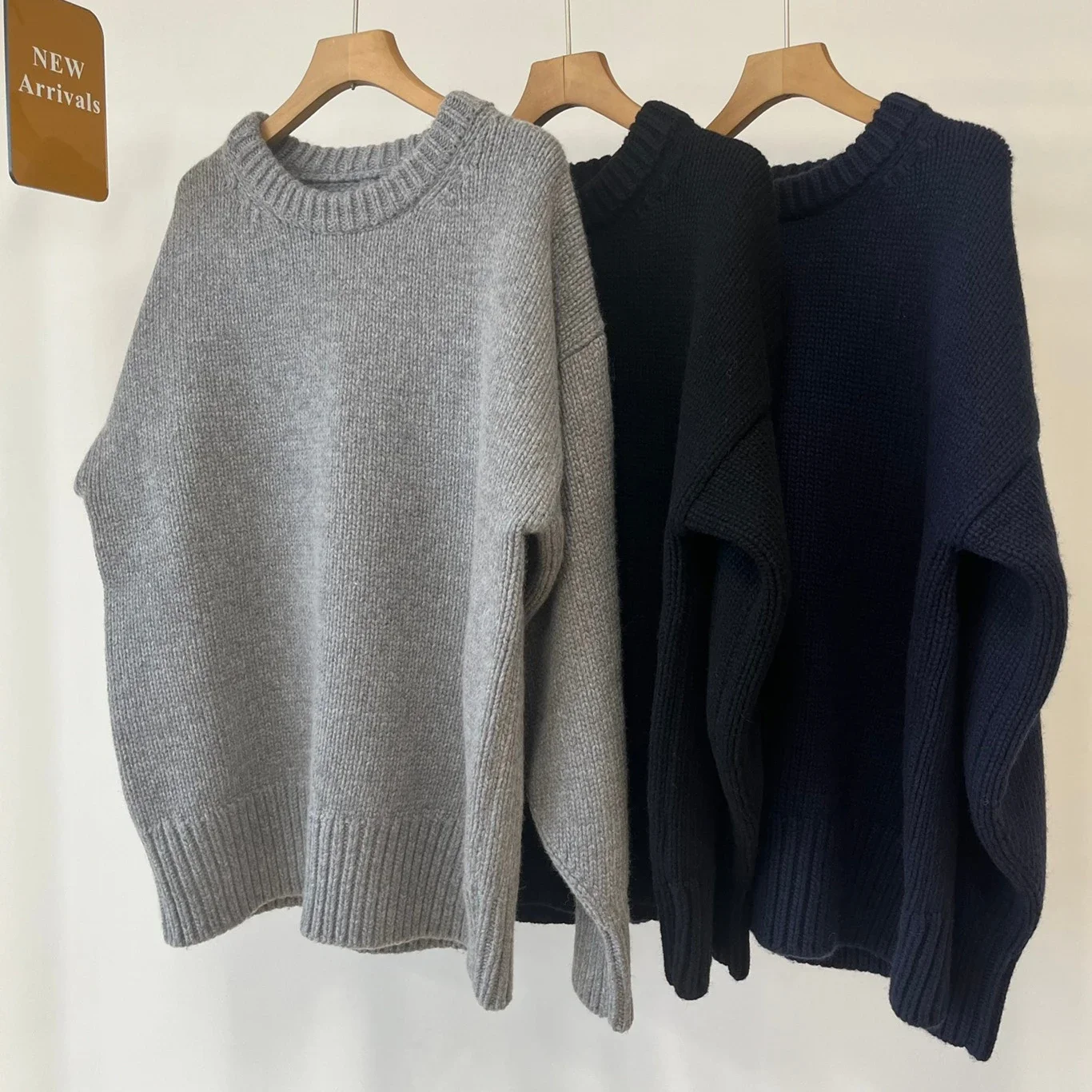 Simple Thick Crew Neck Pullover Custom-dyed Double Layered Collar Grey Navy Wool Cashmere Blend Knit Sweater for Women