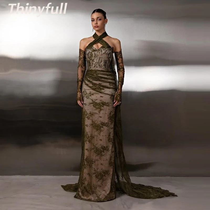 Thinyfull Mermaid Arab Lace Prom Dresses Halter Detachable Sleeves Evening Gown Long Formal Dress robes de soirée Customized