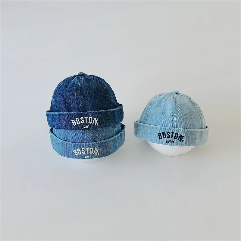Gorro vaquero lavado sin ala para bebé, gorro de melón bordado con letras Retro para niño y niña, gorros Docker ajustables de verano para niño y niña