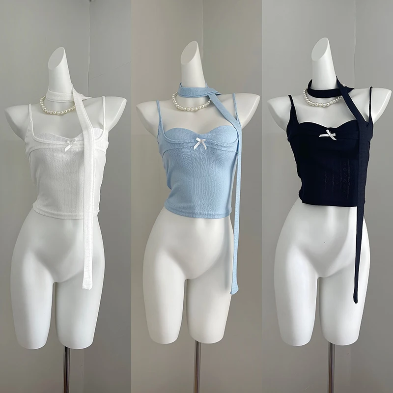 Top corto azul de estética de los años 90 para mujer, chaleco negro con hombros descubiertos sin mangas, camisetas sin mangas Vintage de los años 2000, ropa de verano 2024