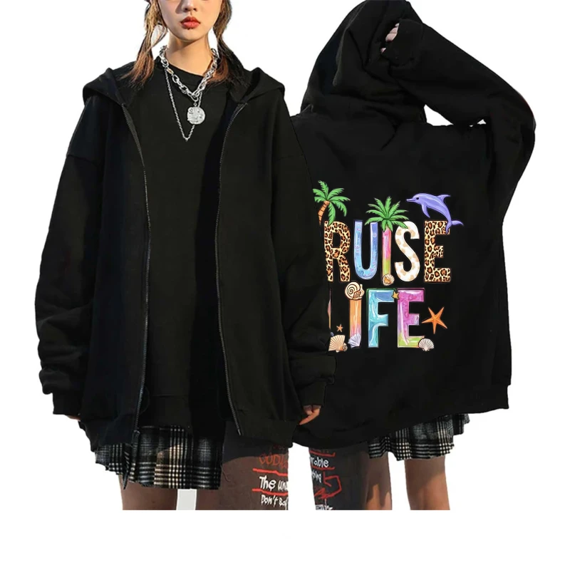 

Men's Hooded Jacket Black Cruise Life Palm Tree Dolphin Print Casual Streetwear for Travel Beach Party Outdoors