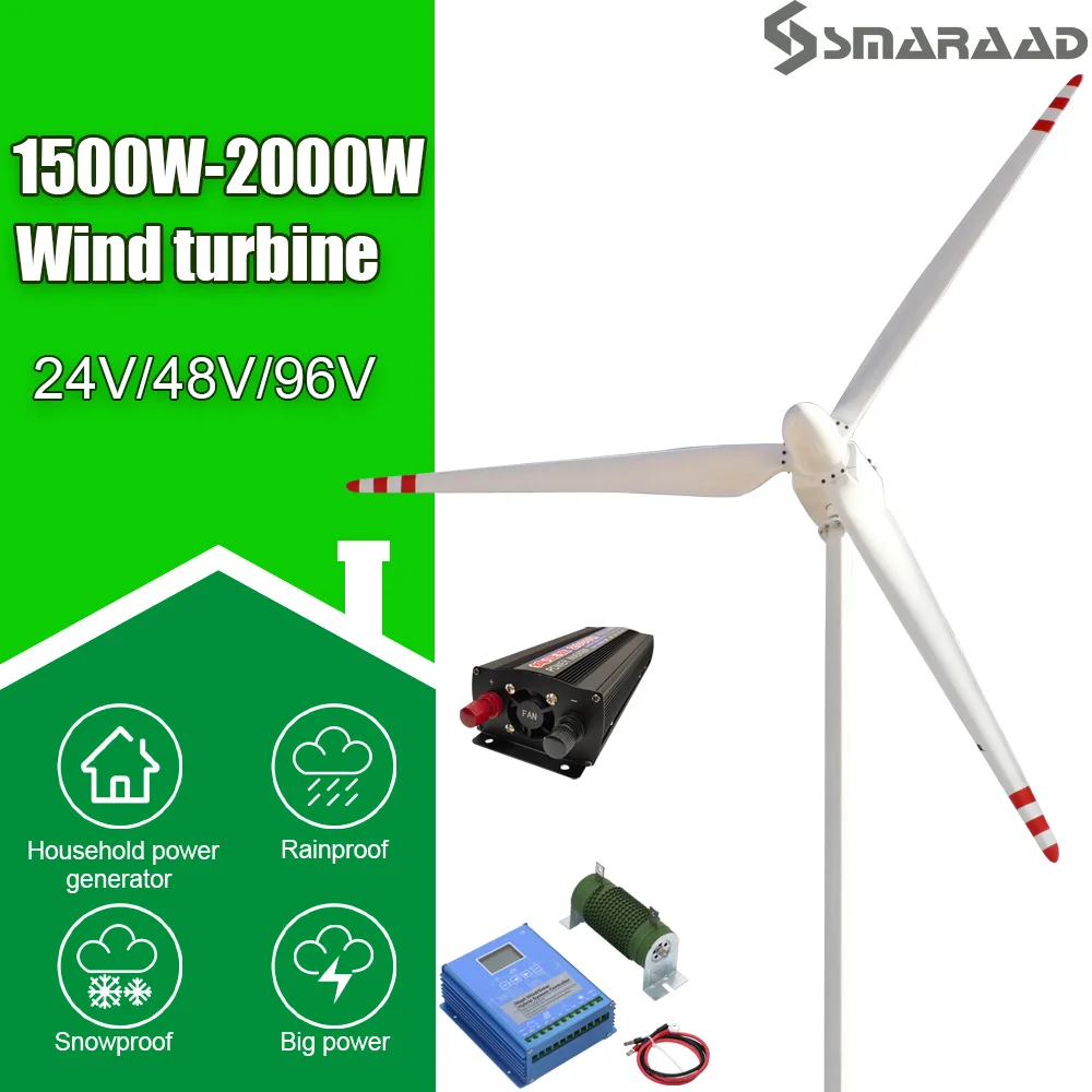 

SMARAAD 2000W 48V 96V 3 Blades Horizontal Wind Turbine Generator Windmill With MPPT Charger Controller And Off Grid Inverter