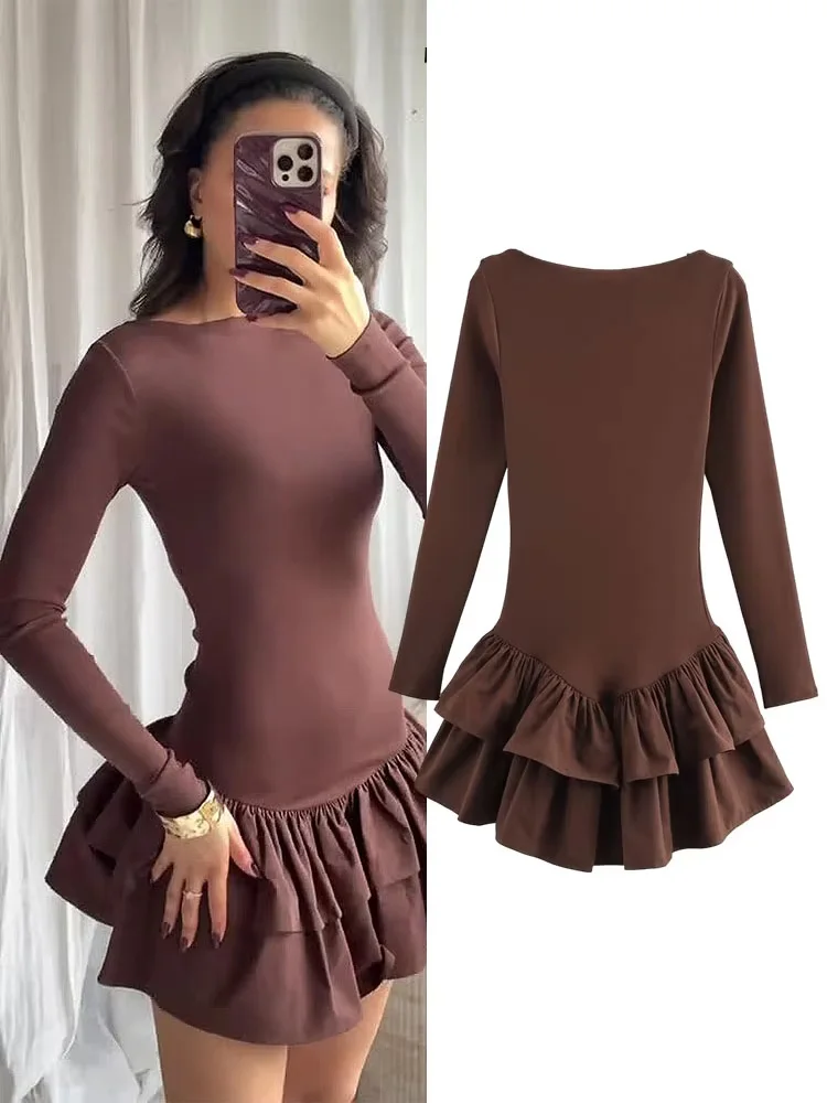 

HH Elegant Evening Partywear Skinny Mini Dresses For Women Long Sleeves Solid Casual Boat Neck Ruffle Cascading Trendy Dress
