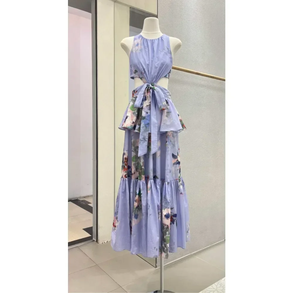 

Highest Quality Version Summer Floral Print Maxi Dress Women Sleeveless Backless Bow Waist Beach Holiday Party Dresses Elegant