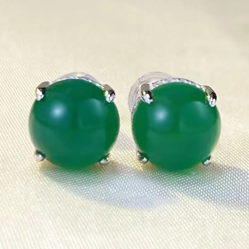 2023 New S925 Silver 6mm Simulated Green Jade Marrow Earrings Retro Classic  Fashion European and American Style