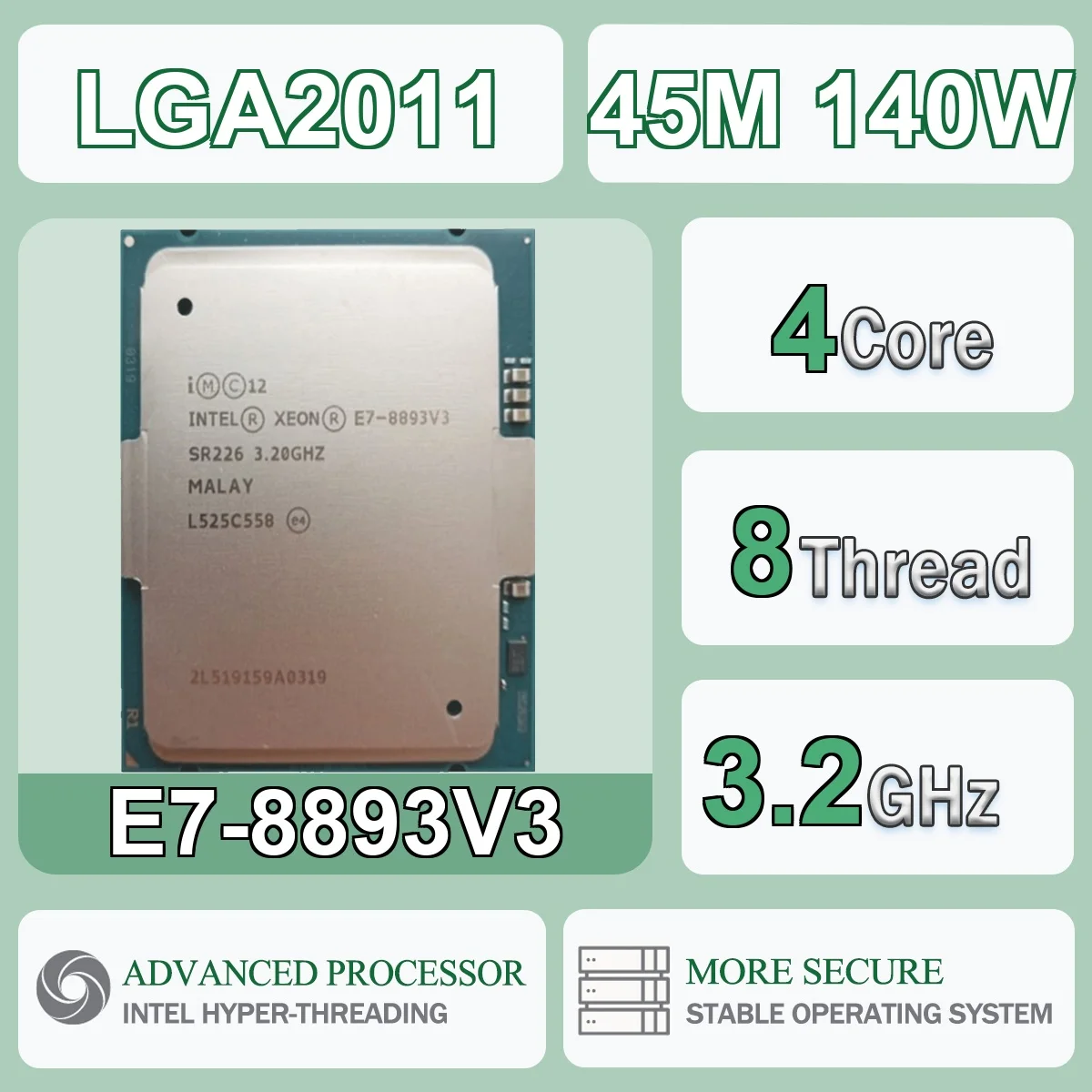 Intel Xeon E7-8893V3 4 Núcleos 8 Threads 3.2GHz 140W 45MB Cache 22nm LGA 2011 SR226 DDR4-1333/1600/1866 DDR3-1066/1333/1600 MHz