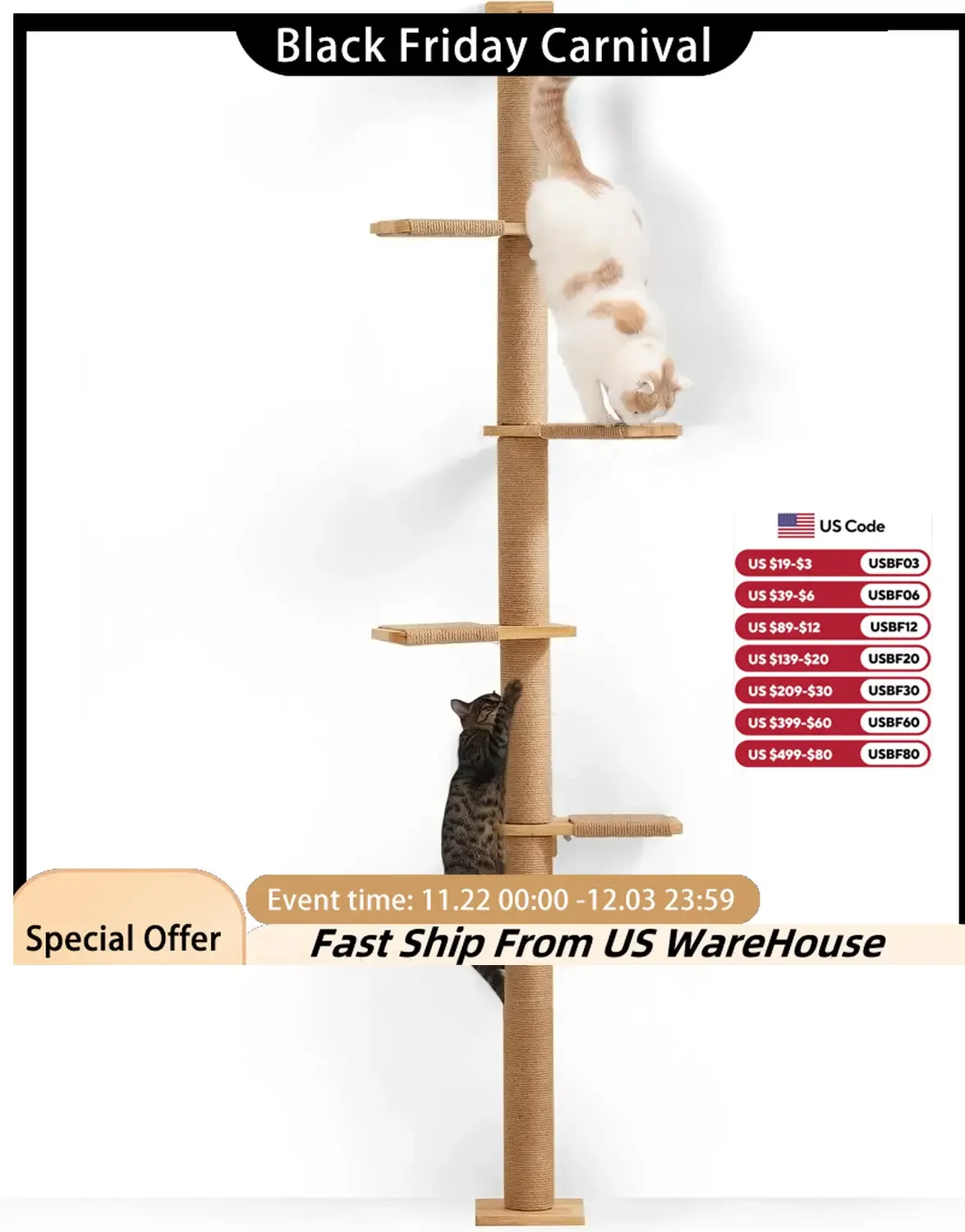 Tall Cat Tree, 5 Tier Floor To Ceiling Cats Tower, Wall-Mounted Cats Scratching Post, Wild Simulation Cat Wall Shelves