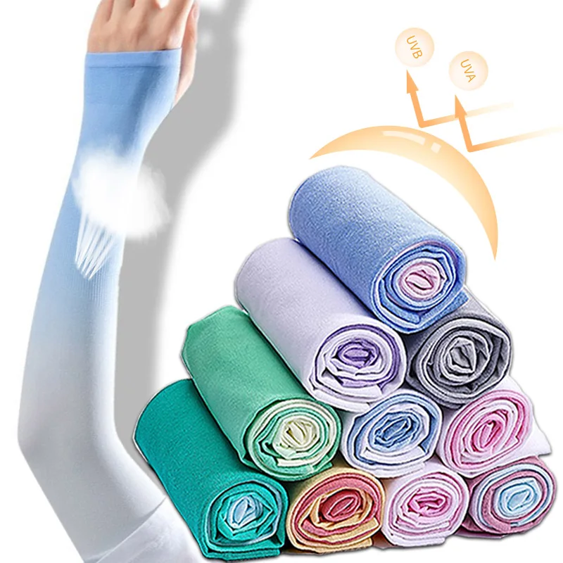 Mangas de seda de hielo de tela para mujer, cubiertas de brazo de manga larga, protector solar, protección UV, ciclismo, conducción, Verano