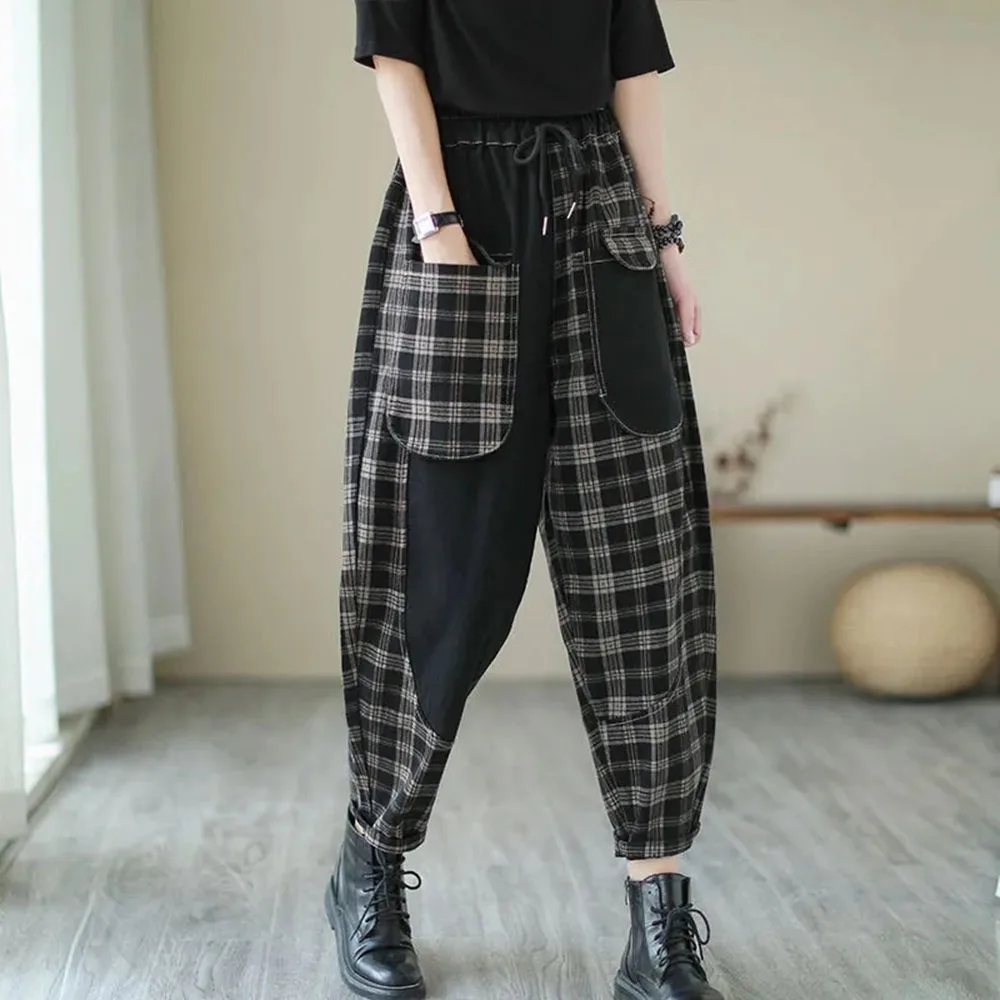 

Spring Autumn New Personalized Large Pocket Plaid Jeans Women Loose Fashionable Color Blocking Casual Versatile Harem Pants
