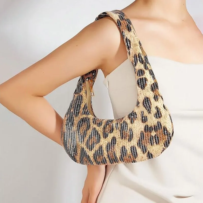

Fashion Leopard Print Shiny Sequin Shoulder Bag for Women 2025 Trendy Underarm Hobo Bag Fashionable Evening Clutch Sacs À Main