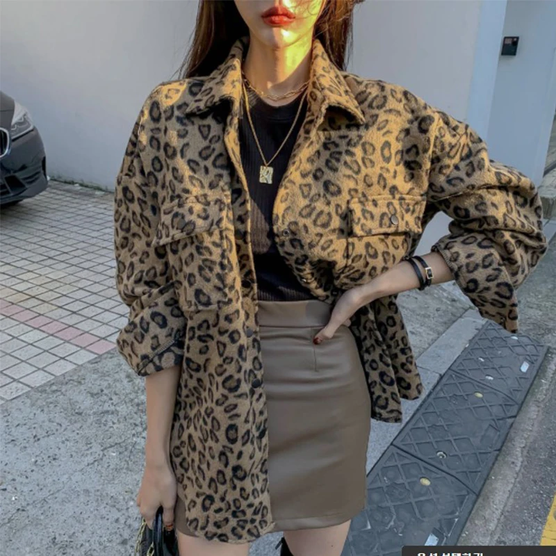 Retro Leopard Print Woolen Coat Women's Autumn Winter Thickened Loose Design Sense Fashionable Shirt  Collar Button up