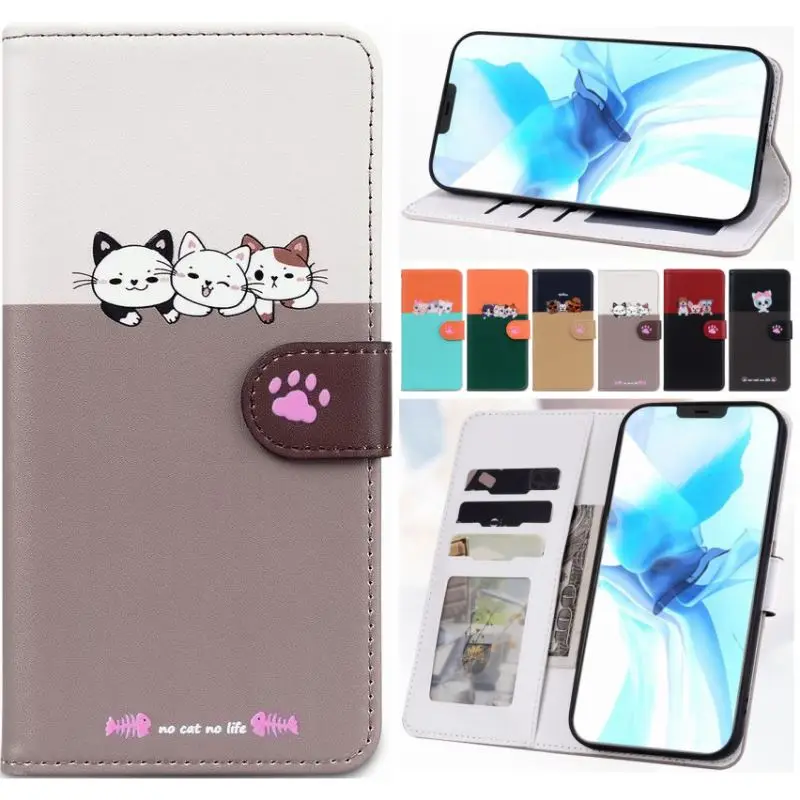 Cute Animals Leather Flip Case For Motorola Moto G13 E13 Wallet Card Slots Phone Cover D22G