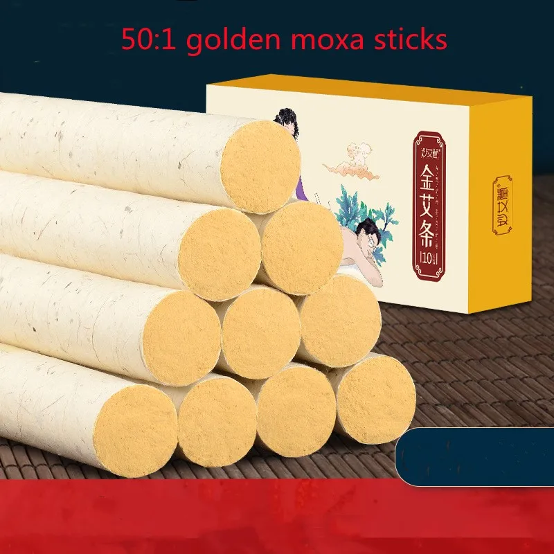 10pcs/Box 50:1 Long Gold Moxa Sticks Chinese Moxibustion Acupuntura Point Heating Therapy Pure Moxa Roller Wholsale