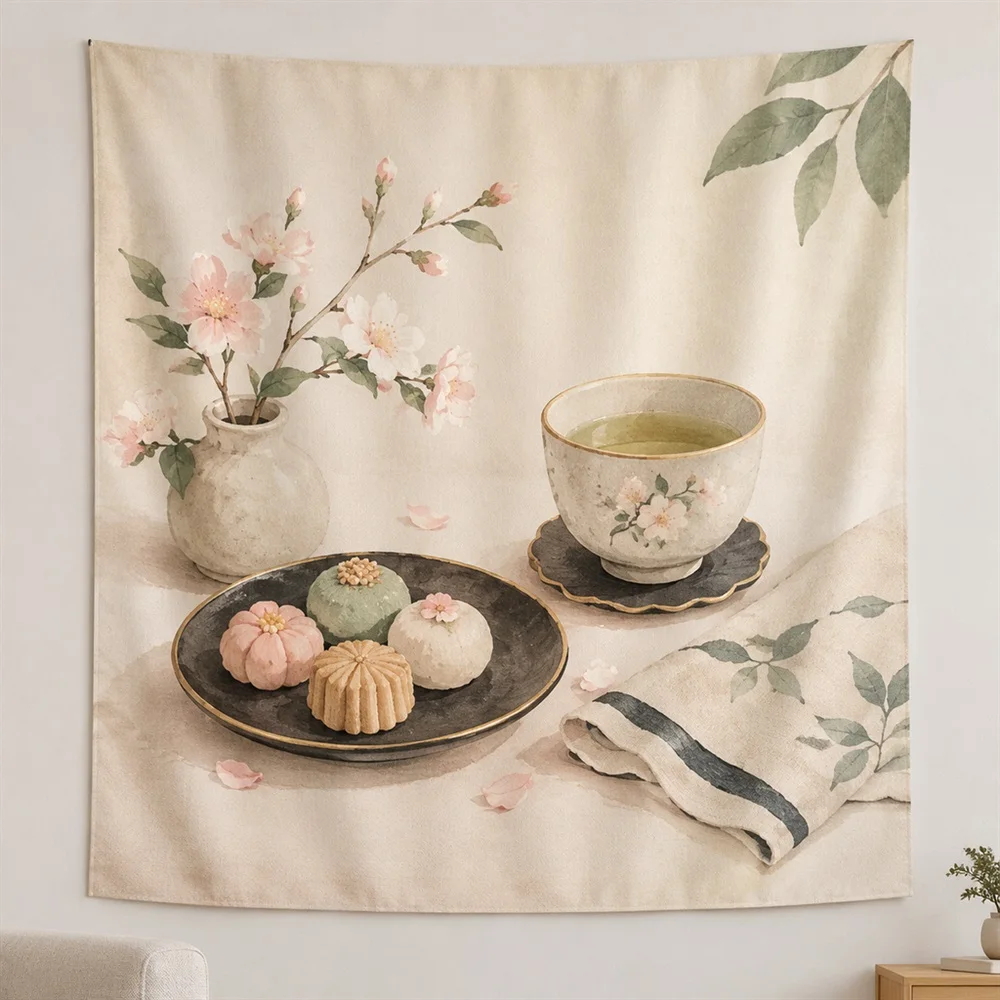 VIKAMA Korean Tea Table Clustered Groups Tapestry Wall Hanging, Korean Wall Decor Tapestries for Living Room Bedroom Kids Room