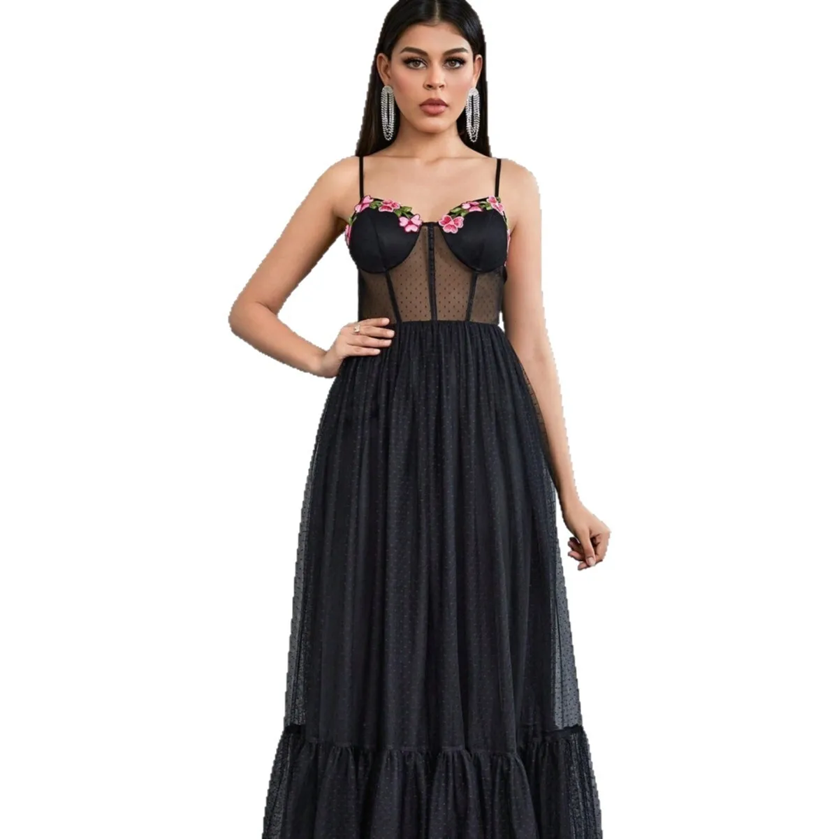 Czarna sukienka na ramiączkach, nowa, dopasowana, prześwitująca, seksowna sukienka wieczorowa dla kobiet, sukienka letnia 2025, elegancka sukienka damska, robe, vestido.