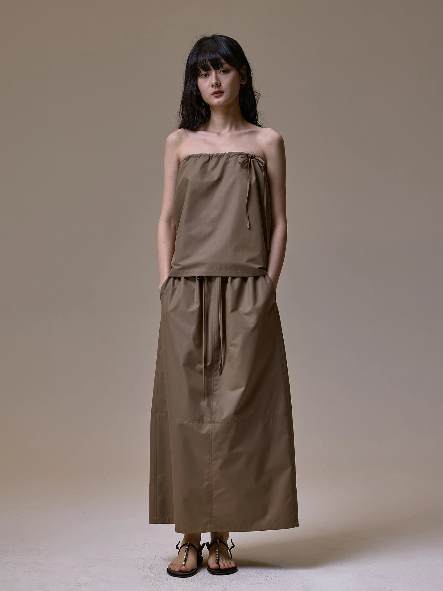 

Summer New Simple Color Elastic Drawstring Tube Top Women's Fashion Short Sleeveless Loose Fit Polyester Blend T-Shirt