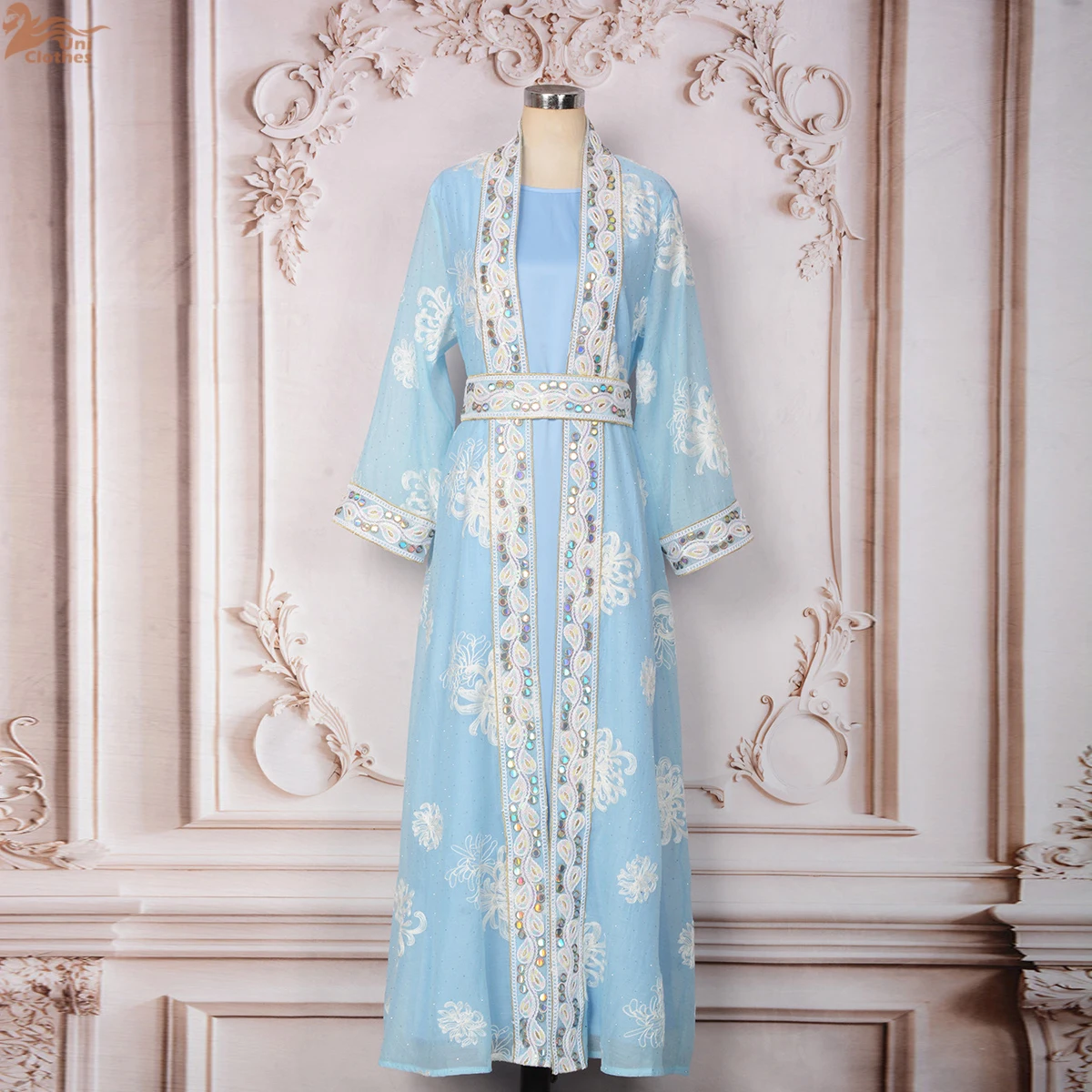

Uni Fashion Elegant Embroidery Maxi Abayas Belt included Dubai Sequins Patchwork Belted Kaftan Two-piece set