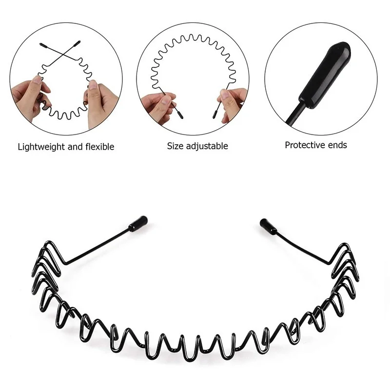 6 uds banda para el cabello de Metal de moda para hombres y mujeres Unisex negro ondulado cabeza de pelo aro banda deportiva diadema accesorios para