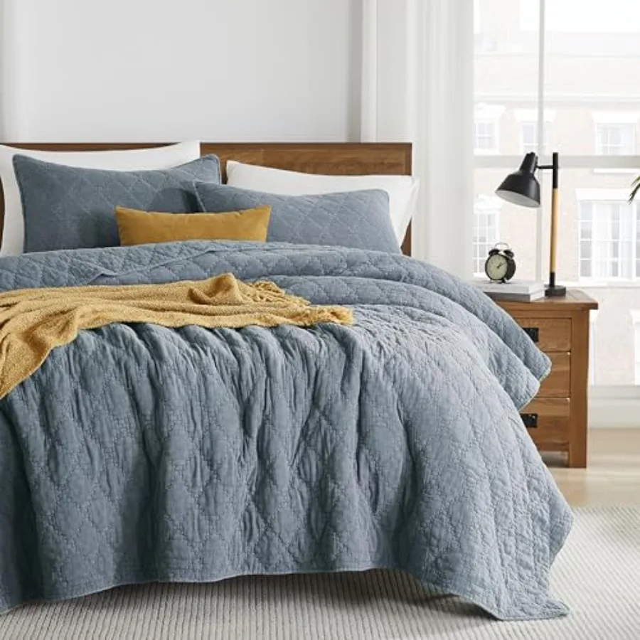 Blue Grey Size Quilt Set Muslin Cotton Shell Down-Alt Poly Filling Soft Shabby Chic Rustic Farmhouse Country Bedspread Textured