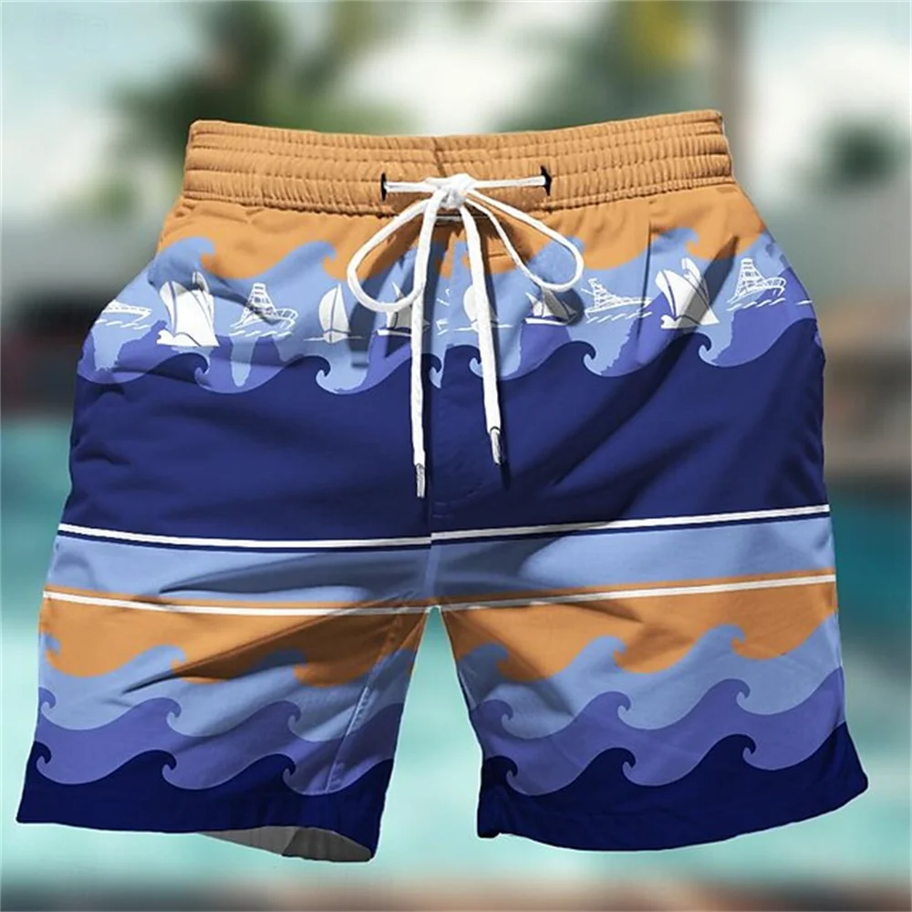 All New Gradient Color Men's Swimming Shorts Quick-drying Beach Shorts With Pockets Drawstring Men's Wave Print Fashion Swimwear