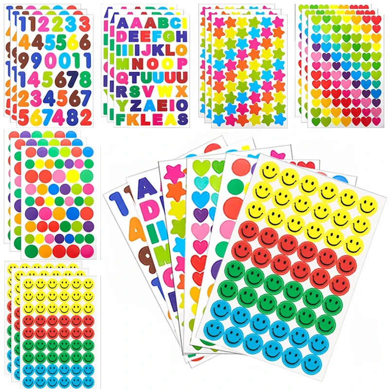 10/30/60 Sheets Scrapbook Number Letter Reward Stickers Color Dots Star Heart Laptop Sticker Handicraft DIY Diary Album Rainbow