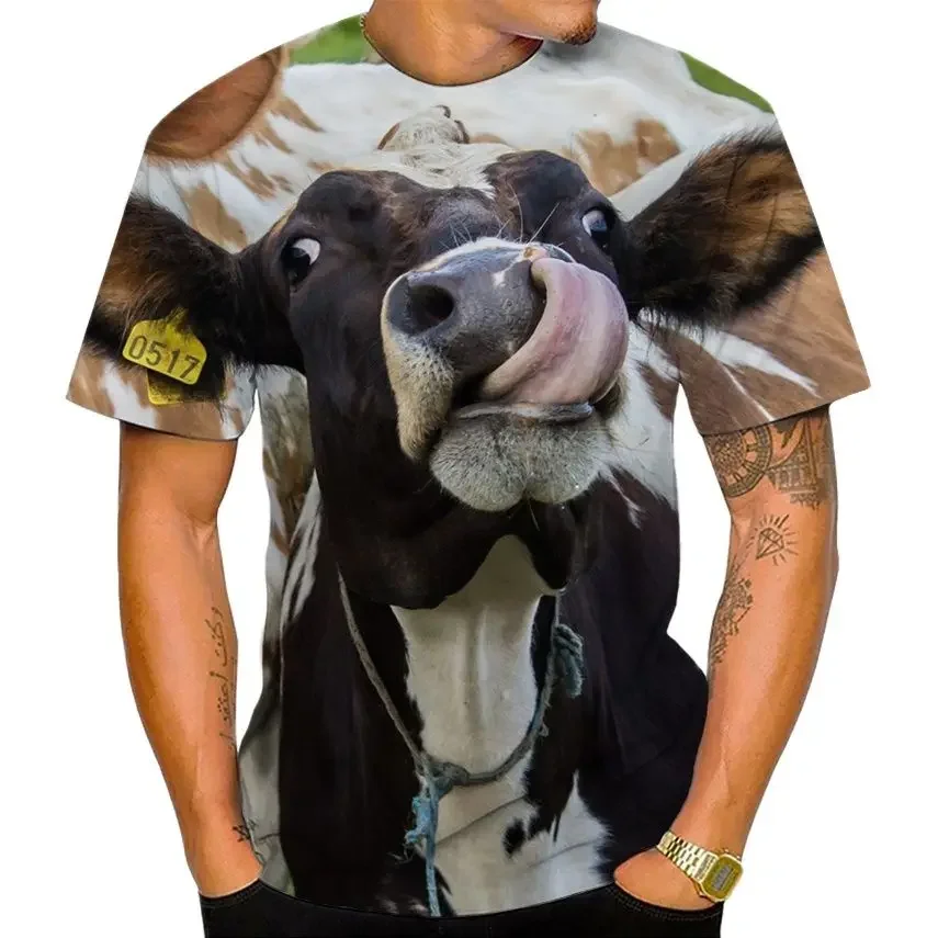 เสื้อยืดพิมพ์ลาย 3 มิติ รุ่นใหม่สำหรับฤดูร้อน ไซส์ใหญ่สำหรับผู้ชายและผู้หญิง ลายหนังวัว ลำลอง แขนสั้น ลายสัตว์ตลก ระบายอากาศดี เหมาะสำหรับเล่นกีฬา