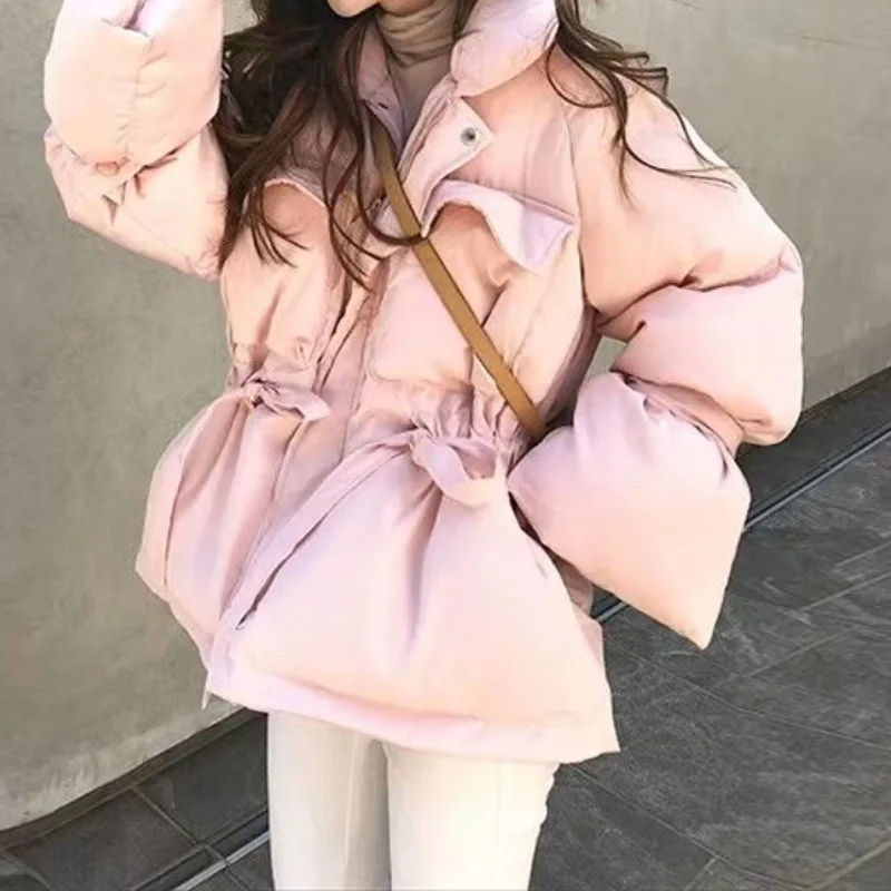 Winter Drawstring Waistband Flared Sleeves Medium Length Thick Coat Standing Collar Cotton Jacket for Women