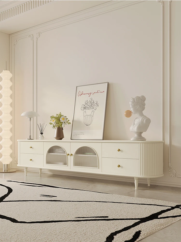 

French cream wind TV cabinet coffee table rock slab combination, living room tall solid wood TV cabinet