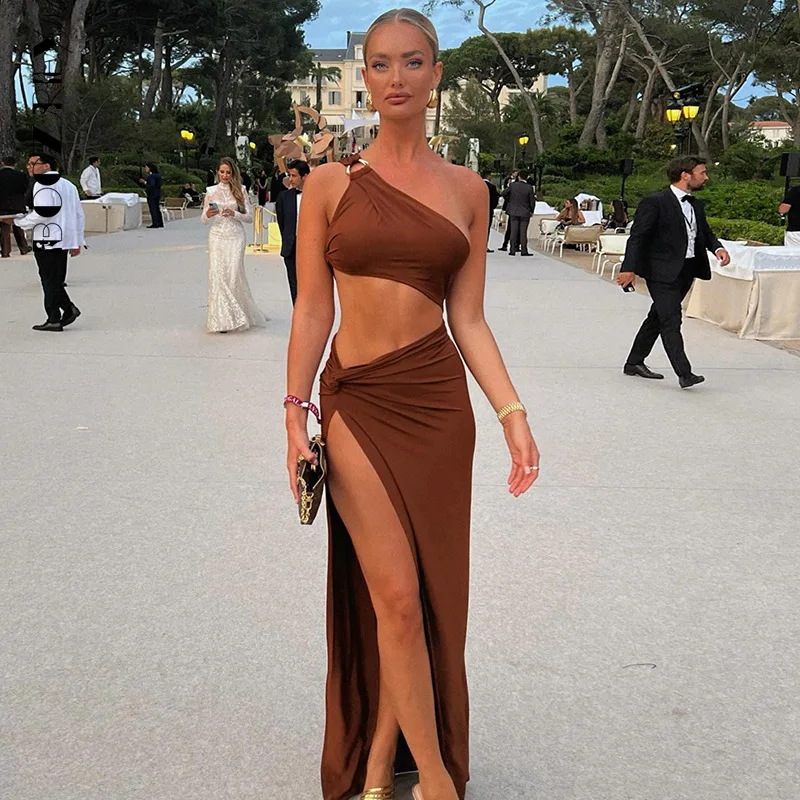 BoozRey 2022 jedno ramię plaża Maxi sukienka kobiety lato brązowy Sexy Backless bez rękawów elegancka z rozcięciem sukienki bandażowe typu Bodycon