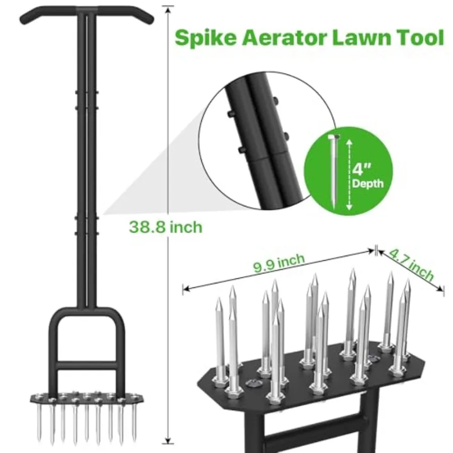 Manual Lawn Aeration Tool with 18 Iron Spikes for Grass and Yard Maintenance 38.8 Inch Heavy Duty Hand Aerator Featuring Double