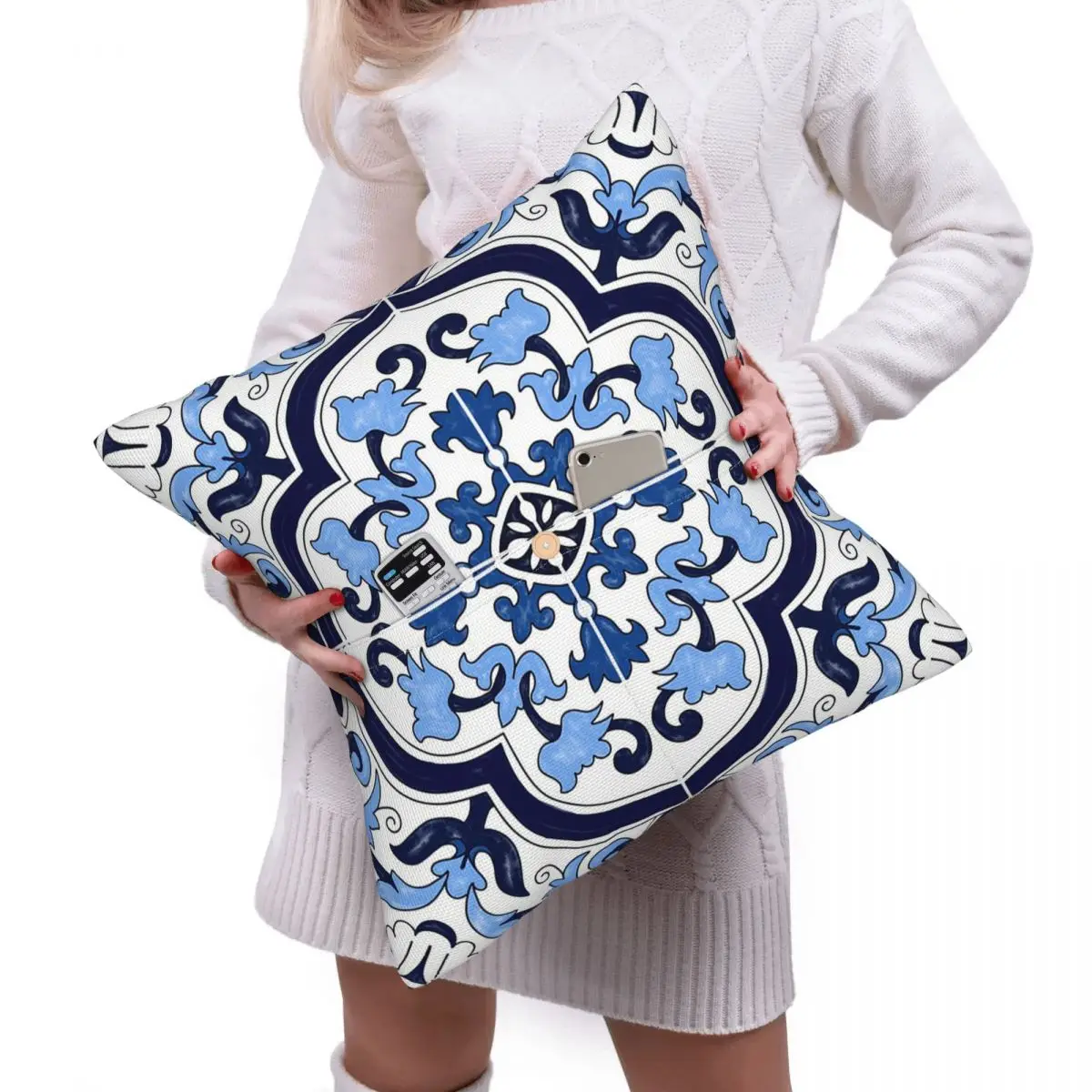 Blue Ornate Floral Mediterranean Sicilian Tile Cushion Cover Polyester Decorative Bedroom Home Comfort Throw Pillow