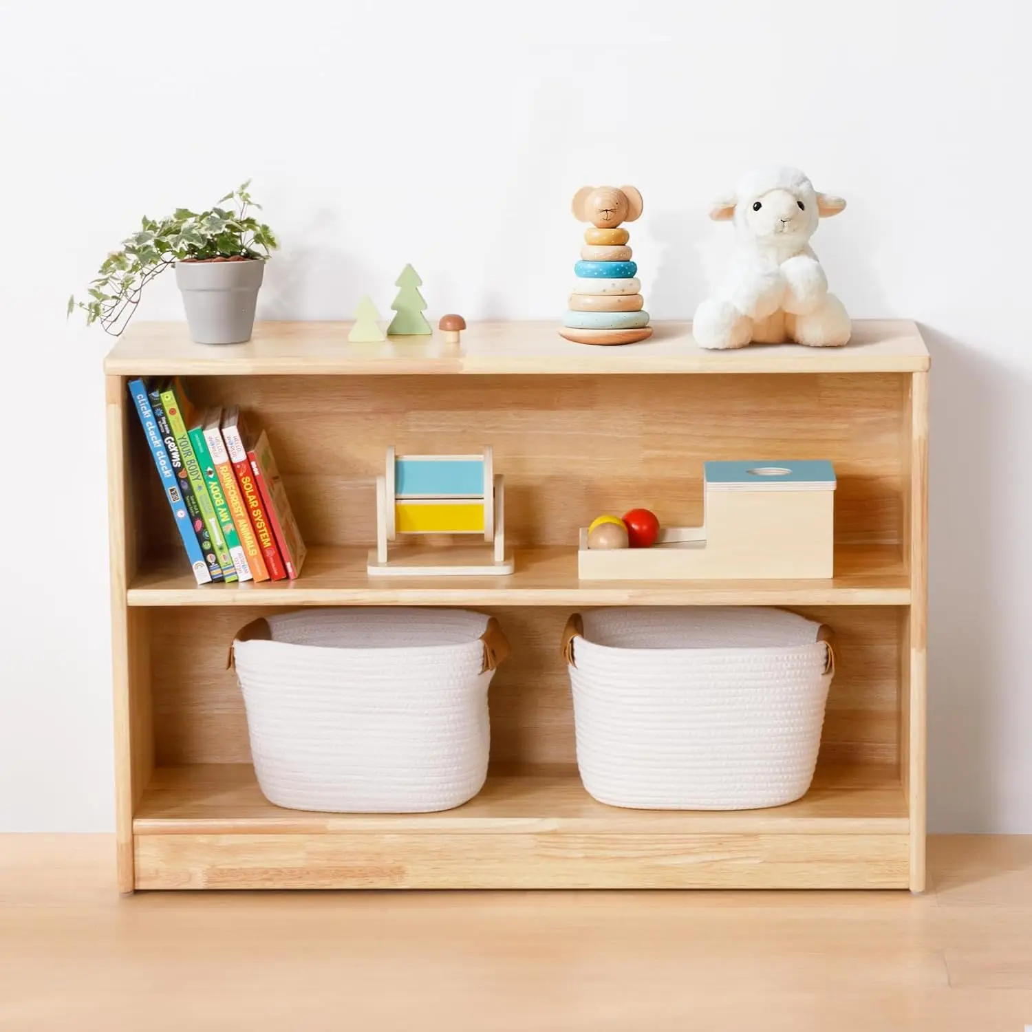 

Rubber Wood Montessori Shelf and Toy Storage, 35.4 L, Solid Wood Bookshelf and Toy Organizers, 2-Tier Storage Cabinet Shelv