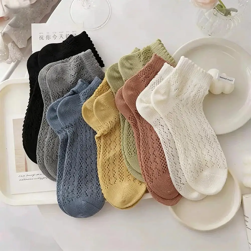 Breathable Mesh Women's Socks Summer Thin Hollow Out Short Socks Princess Ruffled Ankle Socks Solid Color Japanese Style Meias image 3