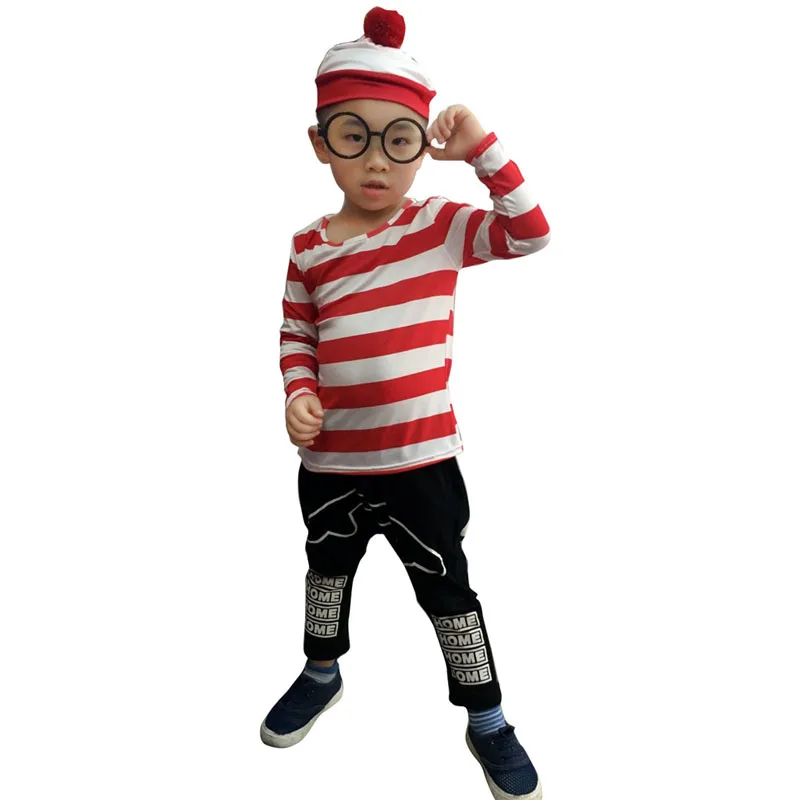 Smart Wally Where's Wally English Anime Character Cosplay Costume Striped Children Women Men 3-Piece Striped Top + Glasses + Hat