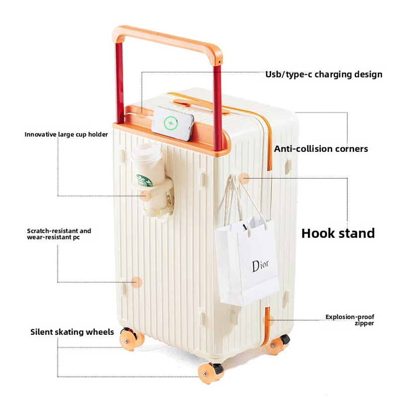 20/24/26/28/30''Large Size Travel Suitcases Wide Tie Rod Luggage Trolley Case With Wheel Multifunctional Luggage With Cup holder