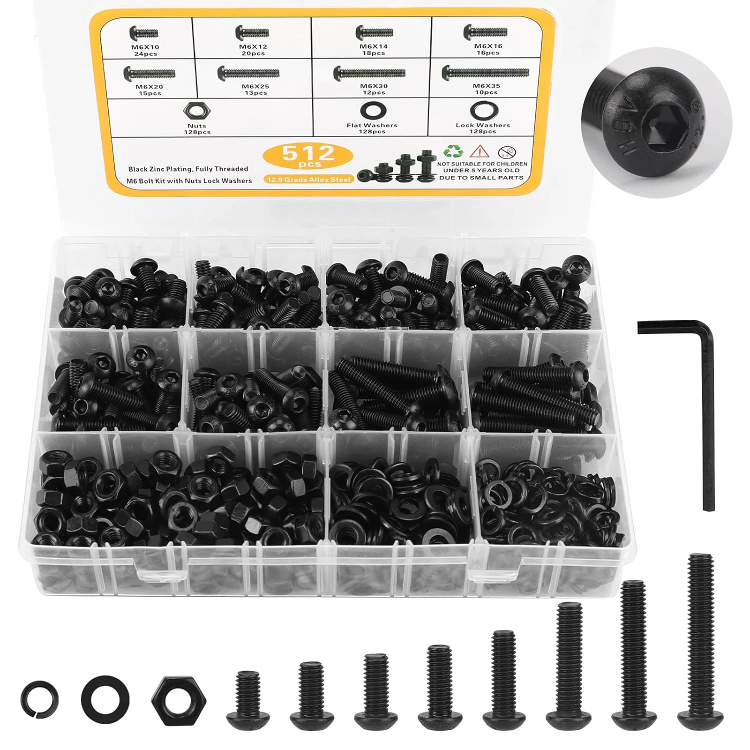 

512 sets of M6 bolts and nuts kits, M6x10/12/14/16/20/25/30/35 mm button-head hexagonal internal hexagonal screws of grade 12.9