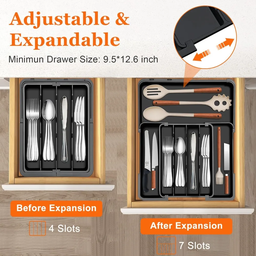 Expandable Silverware Organizer - Adjustable Kitchen Drawer Holder for Forks, Knives, Spoons, Black view 3