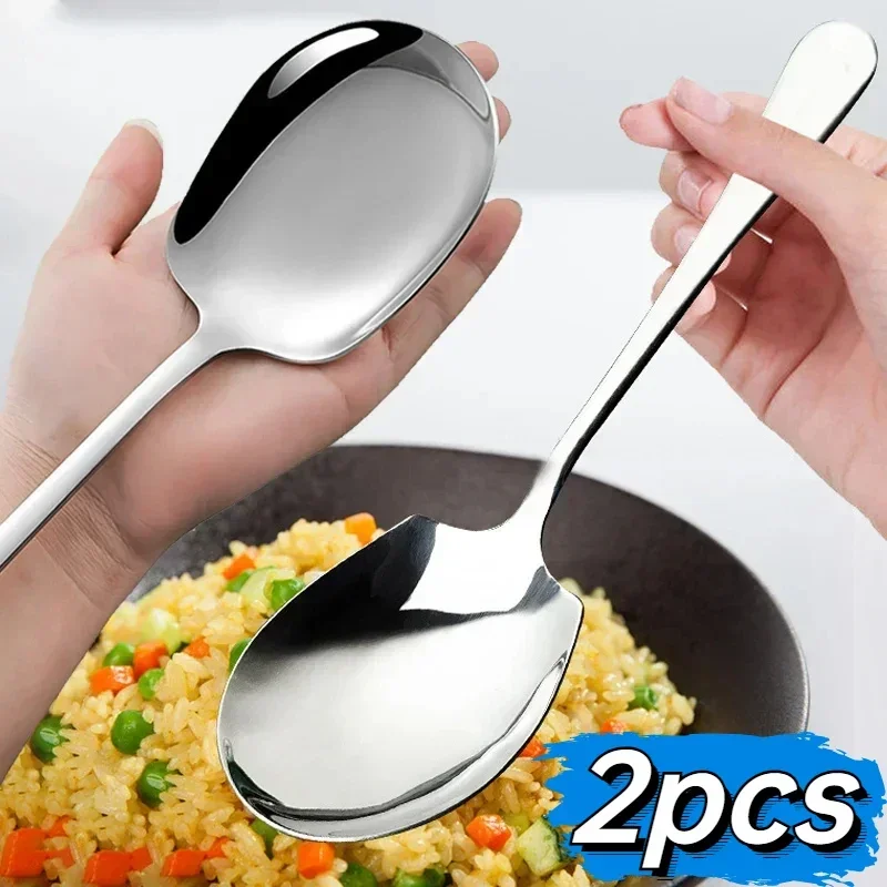 

2/1Pcs Large Stainless Steel Spoon Long Handle Spoons Kitchen Cutlery Rice Dumpling Porridge Soup Scoops Restaurant Tableware