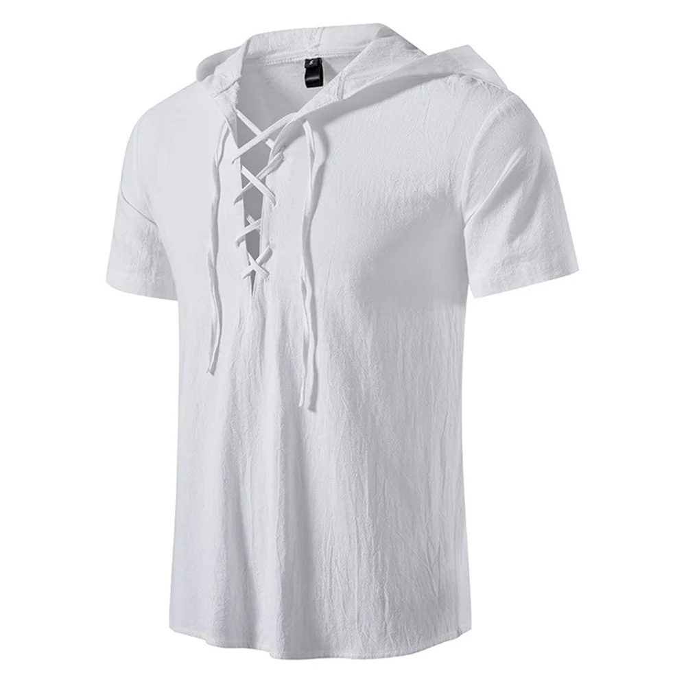 Men's Hooded T-shirt Cotton Breathable Lightweight Solid Color Vintage Lace-up V-neck Casual Tops Party Style Pirate Costume
