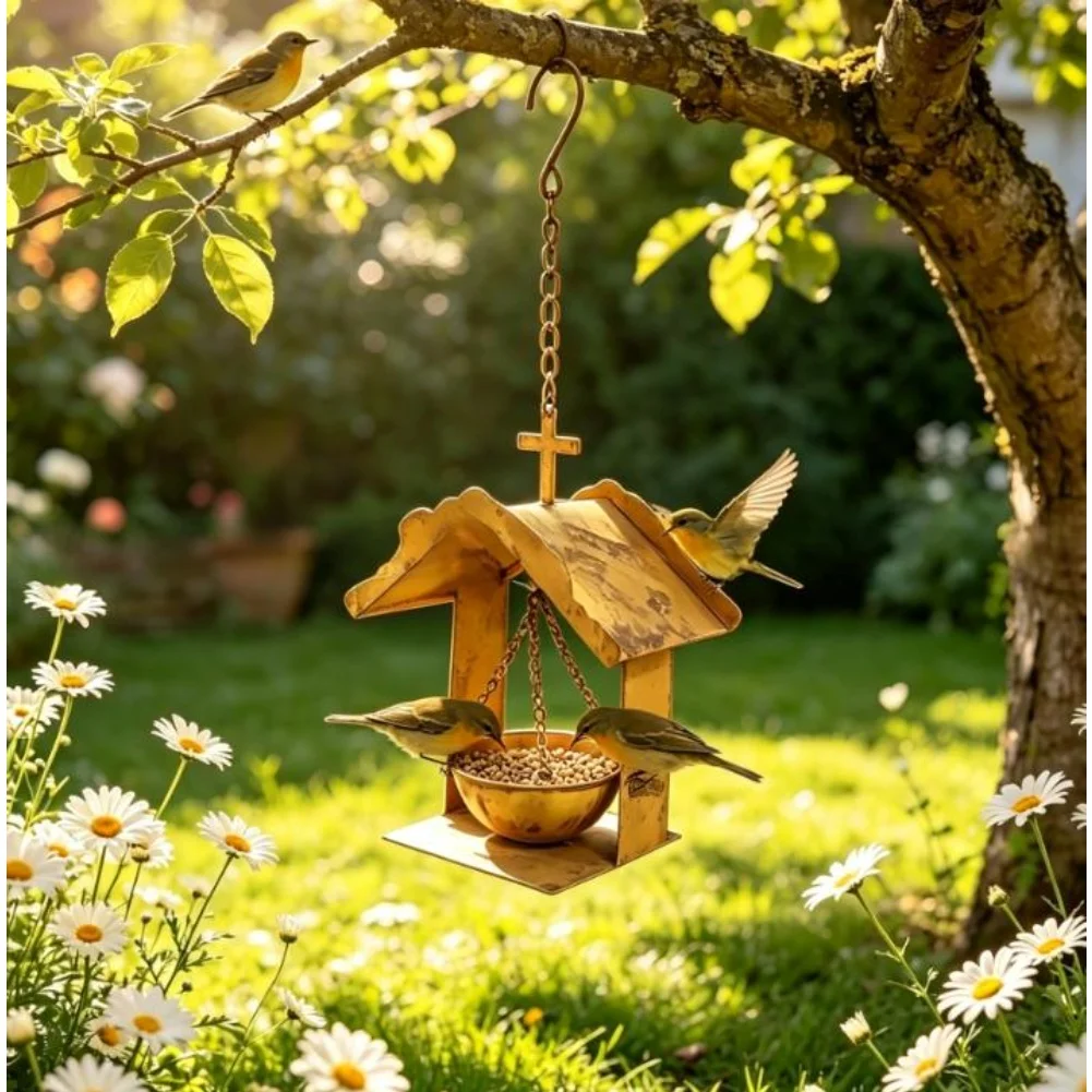 Outdoor Friendly Rustic Iron Bird Feeder in For cross Shape for Garden Patio Yard Hanging Birdhouse Decor and Functionality