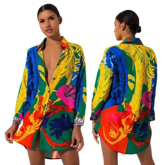 Vestido camisero de manga larga para mujer, Vestidos de diseñador pintados de colores, ropa de una pieza, venta al por mayor, 2023