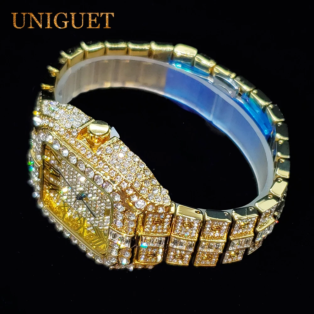 UNIGUET Jam Tangan Berlian untuk Pria Jam Tangan Kuarsa Pria Kalender Titik Biru Persegi Jam Tangan Modis Es Mewah Dropshipping